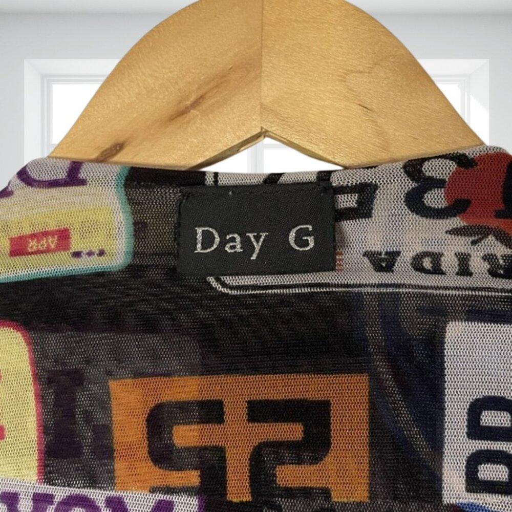 DAY G Retro Y2K License Plate Print Sheer Zipper Bodysuit Leotard - Rare Pop Art - Picture 10 of 12